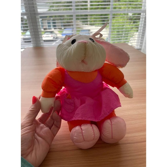 Vintage Plush Rabbit Bunny Pink Orange Stuffed Animal Toy Baby - Picture 7 of 7